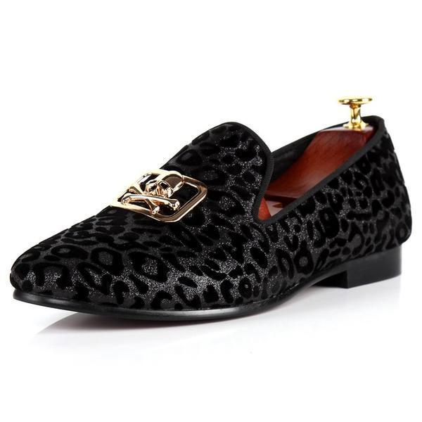 Dark Leopard Printed Men Loafer Shoes With Skull Buckle