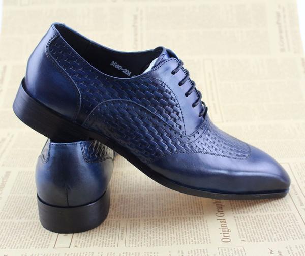 Men Blue Oxford Shoes On Woven Leather Patched Style