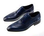 Men Blue Oxford Shoes On Woven Leather Patched Style