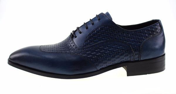 Men Blue Oxford Shoes On Woven Leather Patched Style