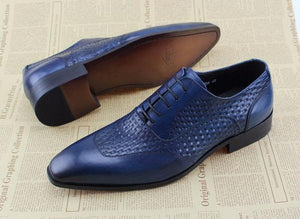 Men Blue Oxford Shoes On Woven Leather Patched Style