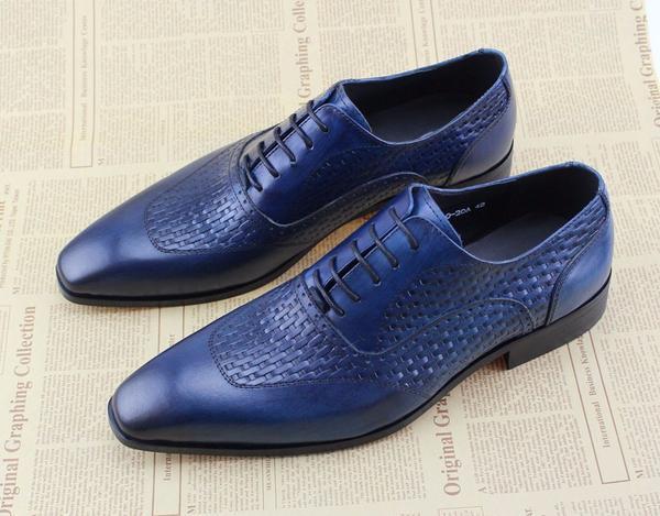 Men Blue Oxford Shoes On Woven Leather Patched Style