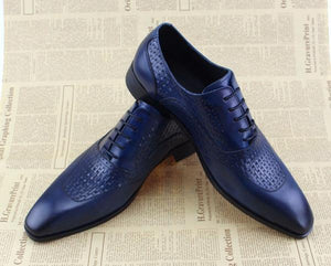 Men Blue Oxford Shoes On Woven Leather Patched Style