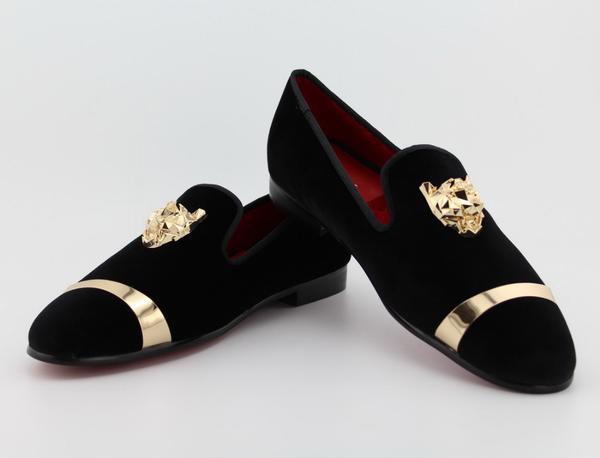 Men Loafers With Gold Buckle And Tiger Pin Details