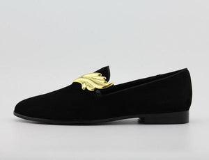 Metal Flame Buckle Black Suede Loafers Men Slip-on Shoes