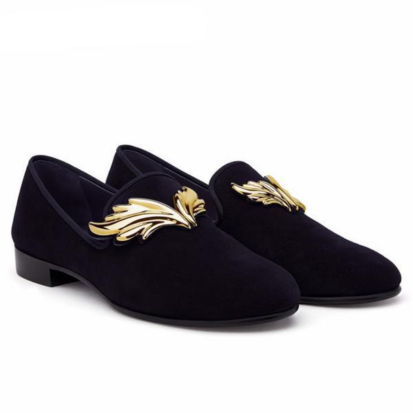 Metal Flame Buckle Black Suede Loafers Men Slip-on Shoes