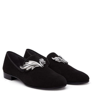 Metal Flame Buckle Black Suede Loafers Men Slip-on Shoes