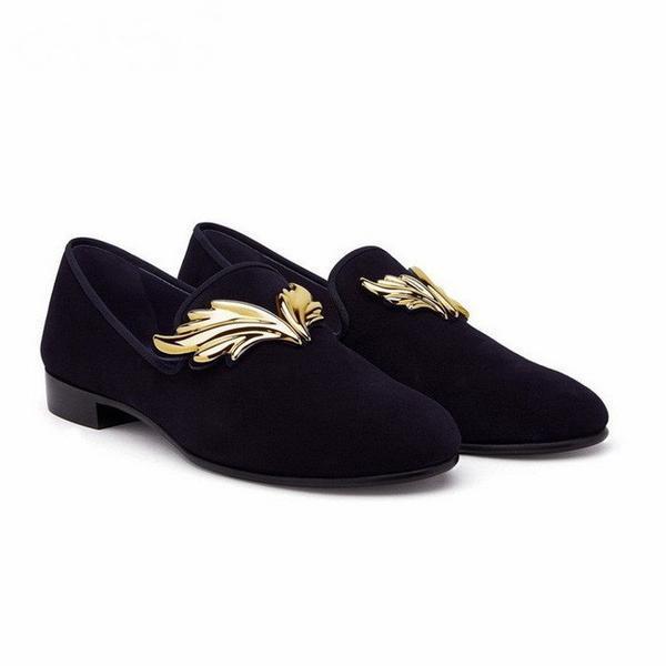 Metal Flame Buckle Black Suede Loafers Men Slip-on Shoes