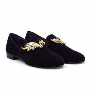 Metal Flame Buckle Black Suede Loafers Men Slip-on Shoes