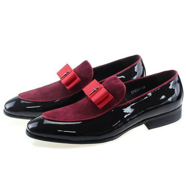 Patent Leather And Nubuck Leather Patchwork With Bow Tie Men Dress Shoes