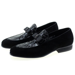 Patent Leather And Suede Leather Patchwork With Bow Tie Men Loafer Shoes For Wedding