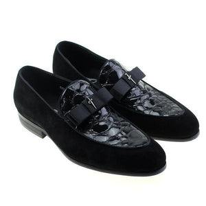 Patent Leather And Suede Leather Patchwork With Bow Tie Men Loafer Shoes For Wedding